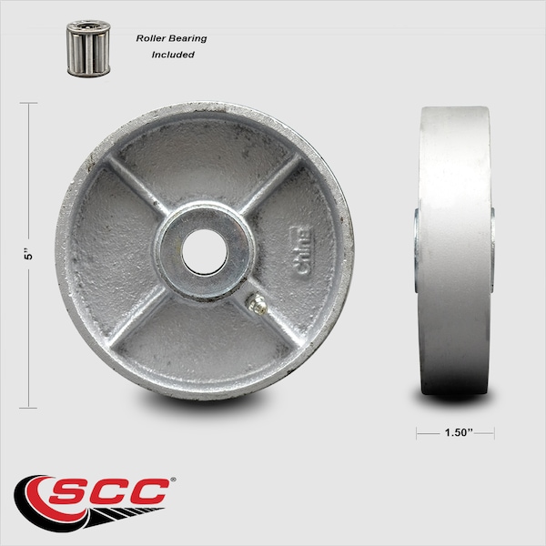 SCC - 5 Semi Steel Cast Iron Wheel W/Roller Bearing- 1/2 Bore-600 Lbs Capacity